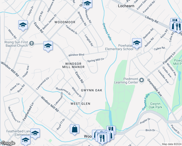 map of restaurants, bars, coffee shops, grocery stores, and more near 6471 Woodgreen Circle in Lochearn