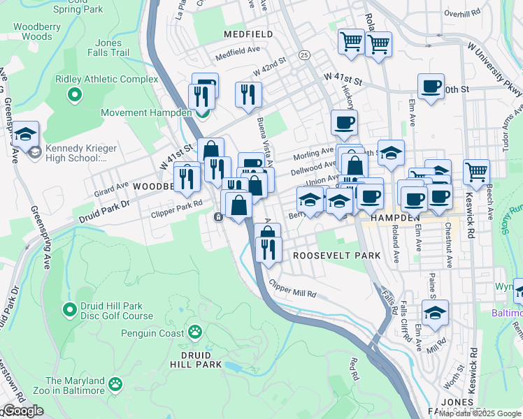 map of restaurants, bars, coffee shops, grocery stores, and more near 3690 Ash Street in Baltimore