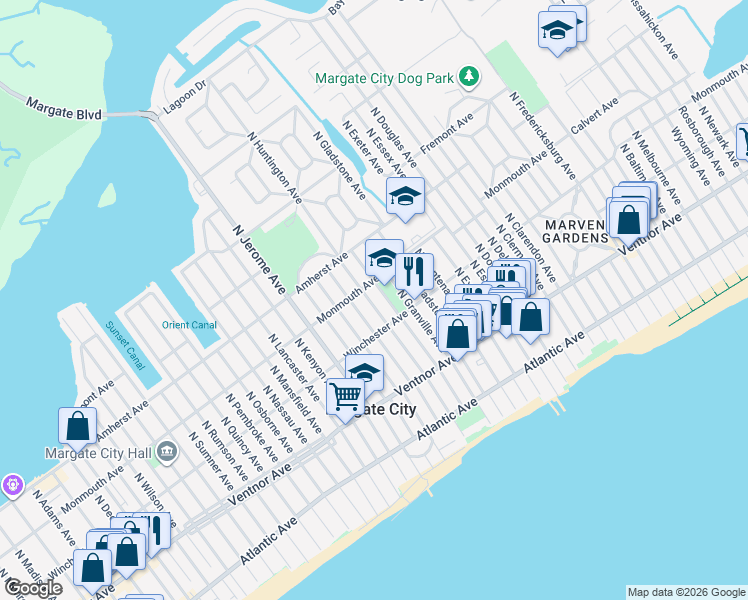 map of restaurants, bars, coffee shops, grocery stores, and more near 115 North Huntington Avenue in Margate City