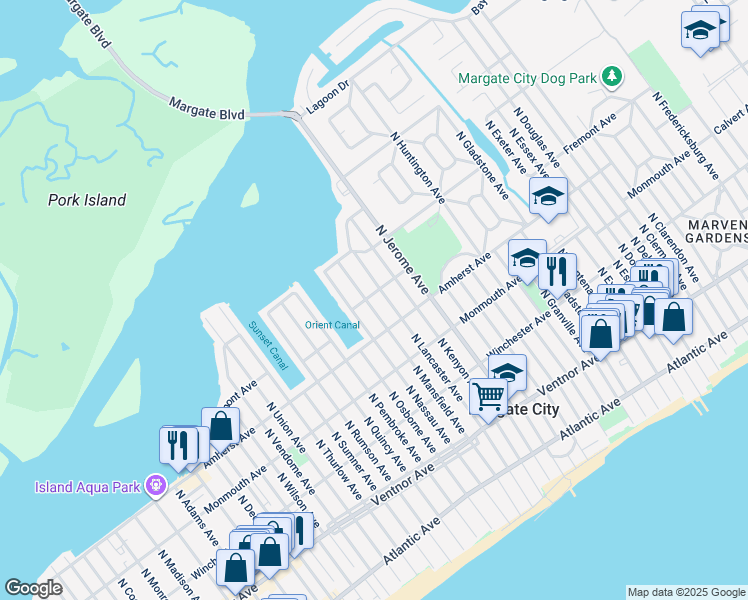 map of restaurants, bars, coffee shops, grocery stores, and more near 313 North Mansfield Avenue in Margate City