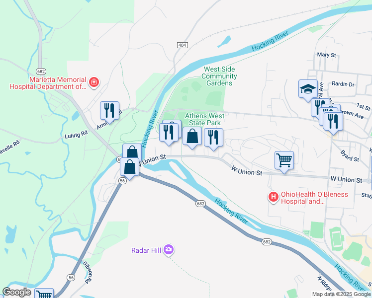 map of restaurants, bars, coffee shops, grocery stores, and more near 520 West Union Street in Athens