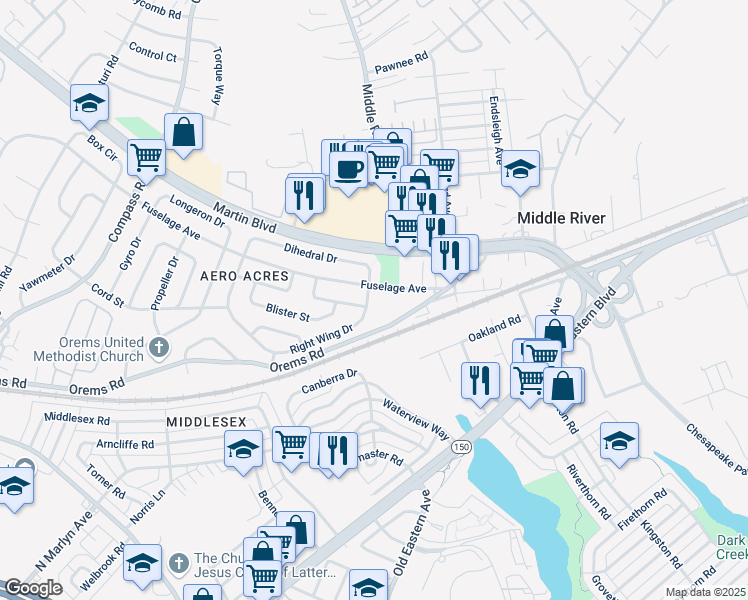 map of restaurants, bars, coffee shops, grocery stores, and more near 60 Right Wing Drive in Middle River