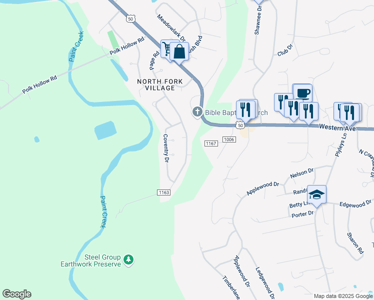 map of restaurants, bars, coffee shops, grocery stores, and more near 71 Page Road in Chillicothe
