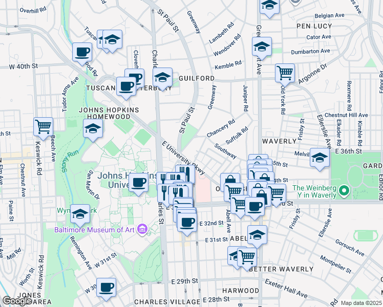 map of restaurants, bars, coffee shops, grocery stores, and more near 3601 Greenway in Baltimore