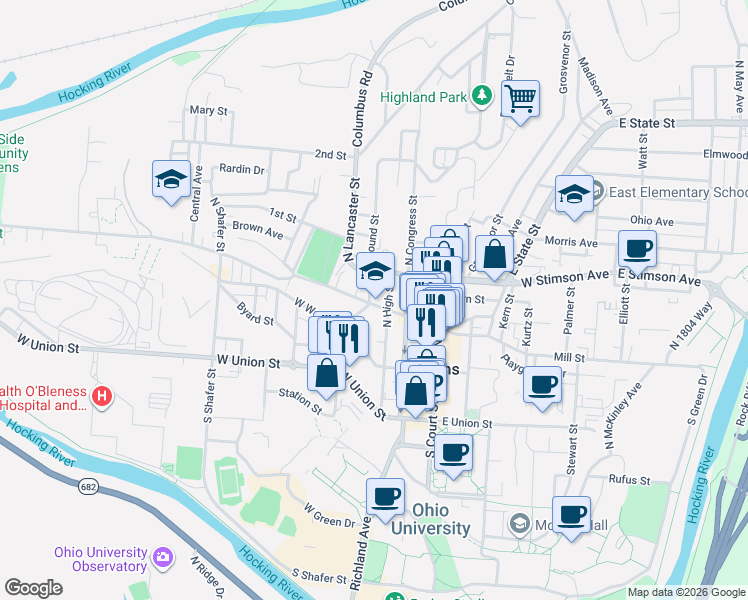 map of restaurants, bars, coffee shops, grocery stores, and more near 58W West State Street in Athens