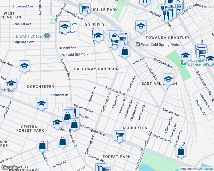 map of restaurants, bars, coffee shops, grocery stores, and more near 3700 Sequoia Avenue in Baltimore
