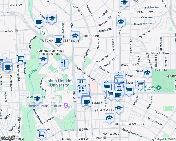 map of restaurants, bars, coffee shops, grocery stores, and more near 3601 Greenway in Baltimore