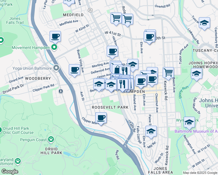 map of restaurants, bars, coffee shops, grocery stores, and more near 1225 Berry Street in Baltimore