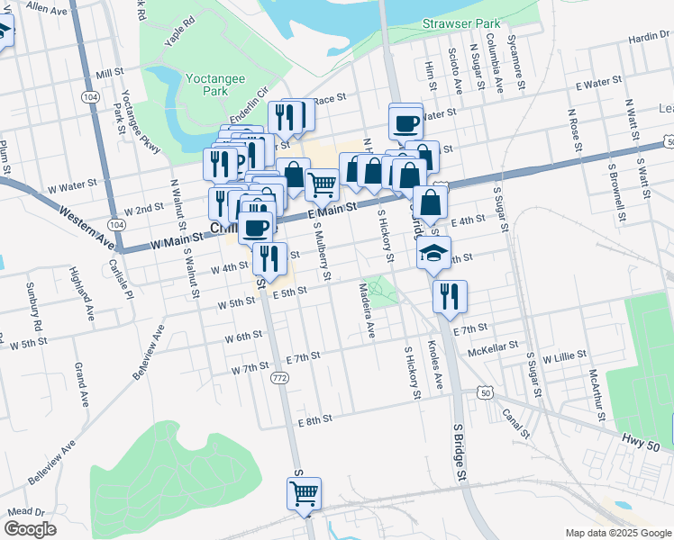 map of restaurants, bars, coffee shops, grocery stores, and more near 89 South Mulberry Street in Chillicothe