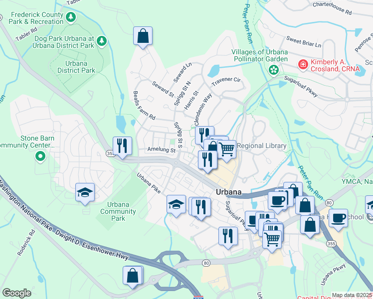 map of restaurants, bars, coffee shops, grocery stores, and more near 8980 Amelung Street in Frederick