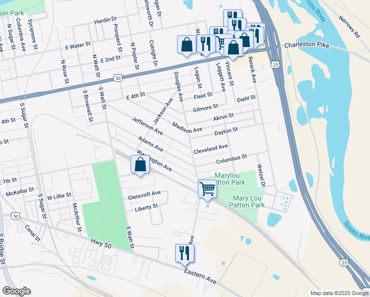 map of restaurants, bars, coffee shops, grocery stores, and more near 928 Jefferson Avenue in Chillicothe