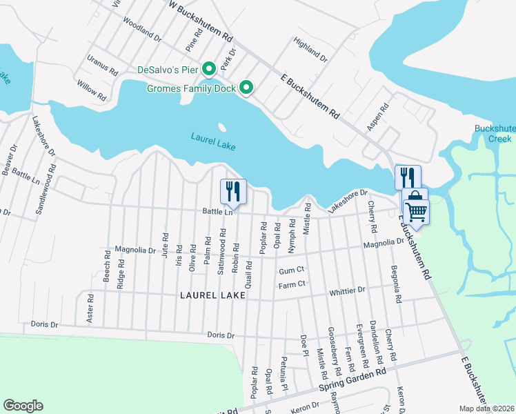 map of restaurants, bars, coffee shops, grocery stores, and more near 6906 Battle Lane in Millville
