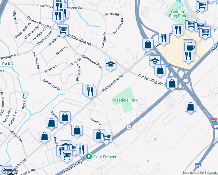 map of restaurants, bars, coffee shops, grocery stores, and more near 8521 Maryland 7 in Rosedale