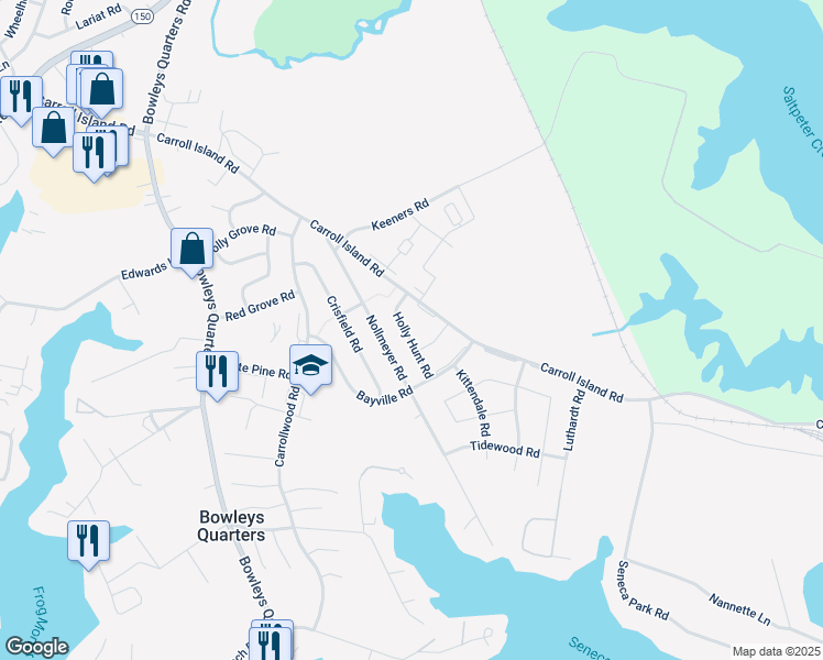 map of restaurants, bars, coffee shops, grocery stores, and more near 527 Holly Hunt Road in Middle River