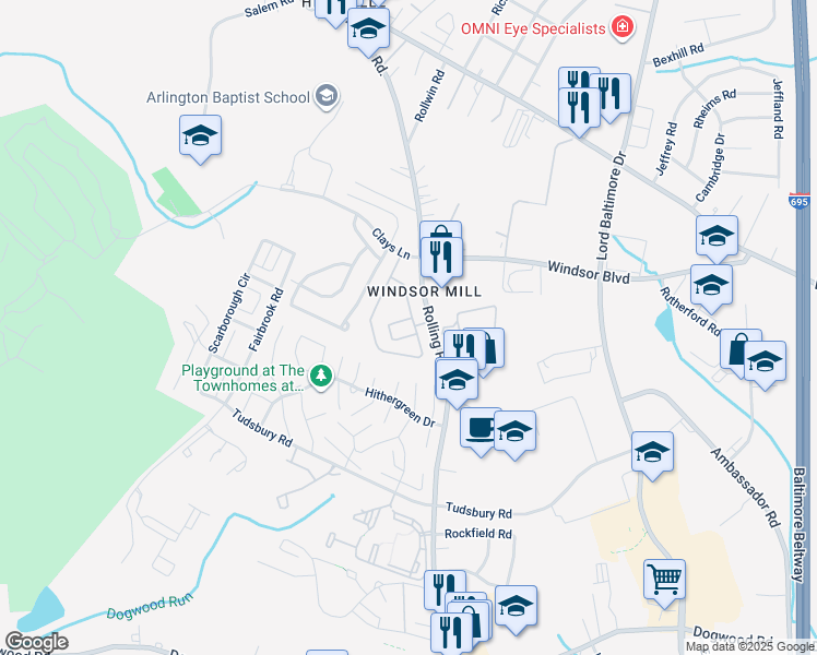 map of restaurants, bars, coffee shops, grocery stores, and more near 2800 Ashfield Drive in Milford Mill