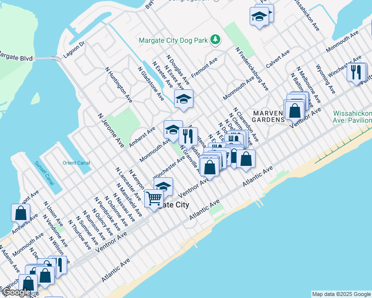 map of restaurants, bars, coffee shops, grocery stores, and more near 105 North Granville Avenue in Margate City