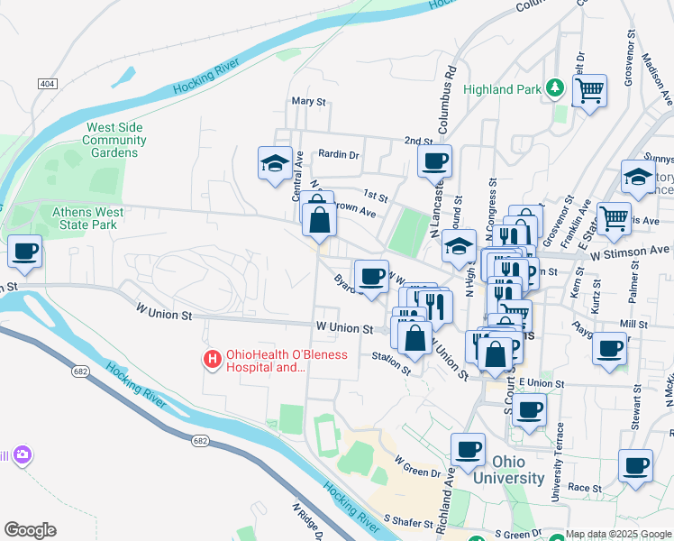 map of restaurants, bars, coffee shops, grocery stores, and more near 20 South Shafer Street in Athens