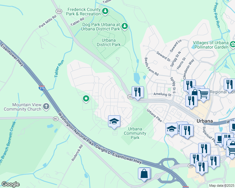 map of restaurants, bars, coffee shops, grocery stores, and more near 3612 Timber Green Drive in Urbana