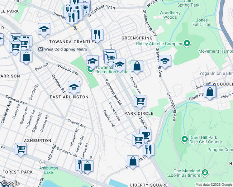 map of restaurants, bars, coffee shops, grocery stores, and more near 3801 Reisterstown Road in Baltimore