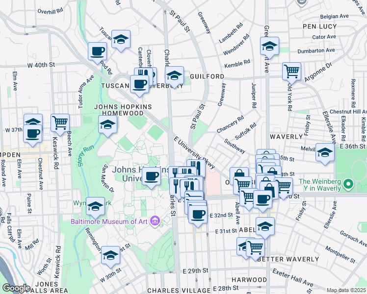 map of restaurants, bars, coffee shops, grocery stores, and more near 1 East University Parkway in Baltimore