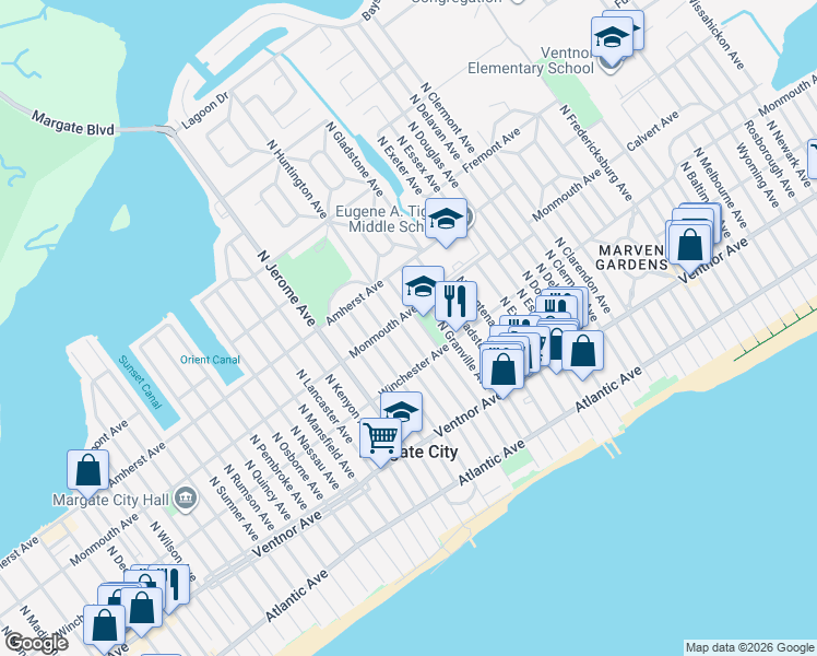 map of restaurants, bars, coffee shops, grocery stores, and more near 115 North Huntington Avenue in Margate City