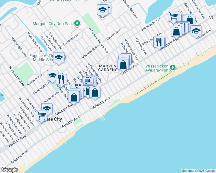 map of restaurants, bars, coffee shops, grocery stores, and more near 6 South Brunswick Avenue in Margate City
