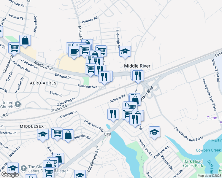 map of restaurants, bars, coffee shops, grocery stores, and more near 2115 Old Orems Road in Middle River