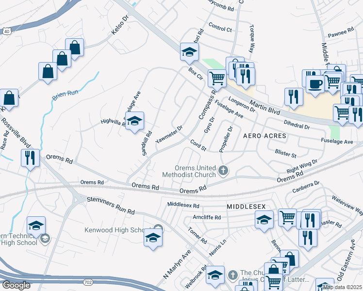 map of restaurants, bars, coffee shops, grocery stores, and more near 107 Compass Road in Middle River