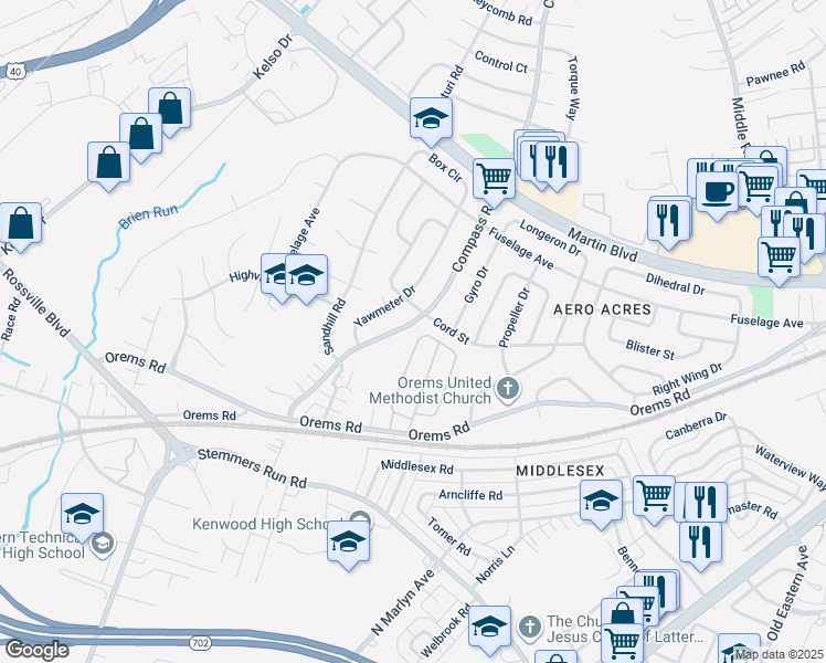map of restaurants, bars, coffee shops, grocery stores, and more near 107 Compass Road in Middle River