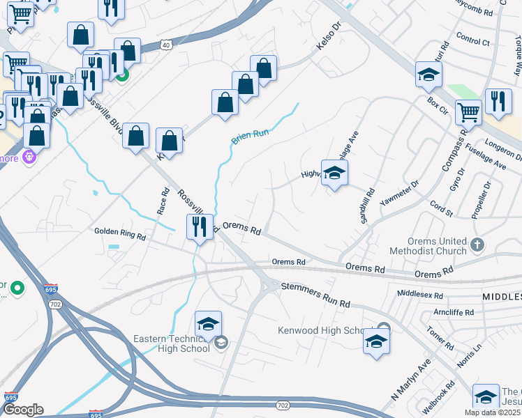 map of restaurants, bars, coffee shops, grocery stores, and more near 1819 Sunnyside Lane in Essex