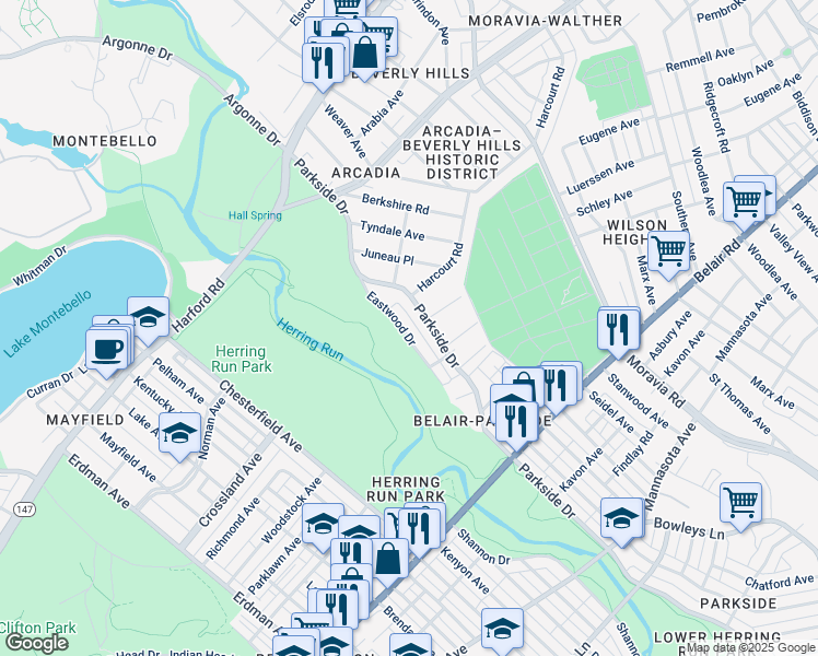 map of restaurants, bars, coffee shops, grocery stores, and more near 3626 Eastwood Drive in Baltimore