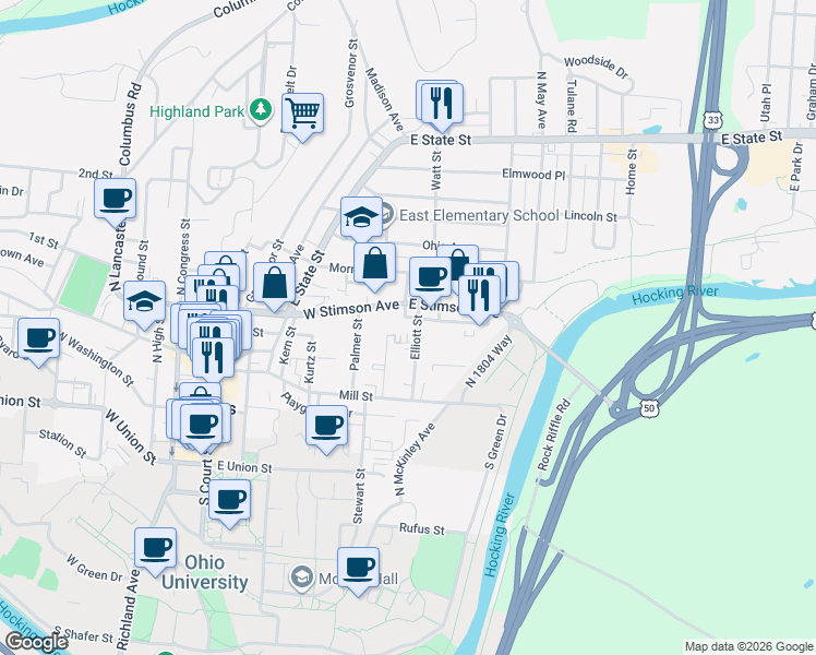 map of restaurants, bars, coffee shops, grocery stores, and more near 456 Elliott Street in Athens