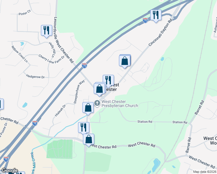 map of restaurants, bars, coffee shops, grocery stores, and more near in Olde West Chester