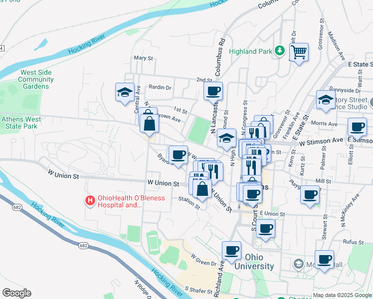 map of restaurants, bars, coffee shops, grocery stores, and more near 160 West Washington Street in Athens