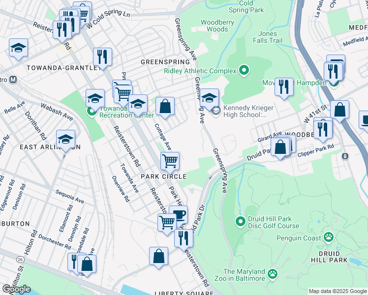 map of restaurants, bars, coffee shops, grocery stores, and more near 2401 Violet Avenue in Baltimore