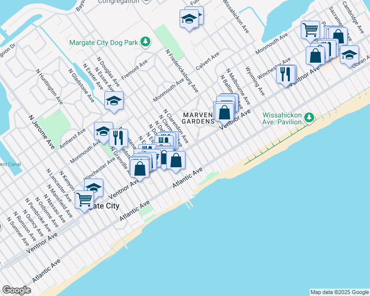 map of restaurants, bars, coffee shops, grocery stores, and more near in Margate City