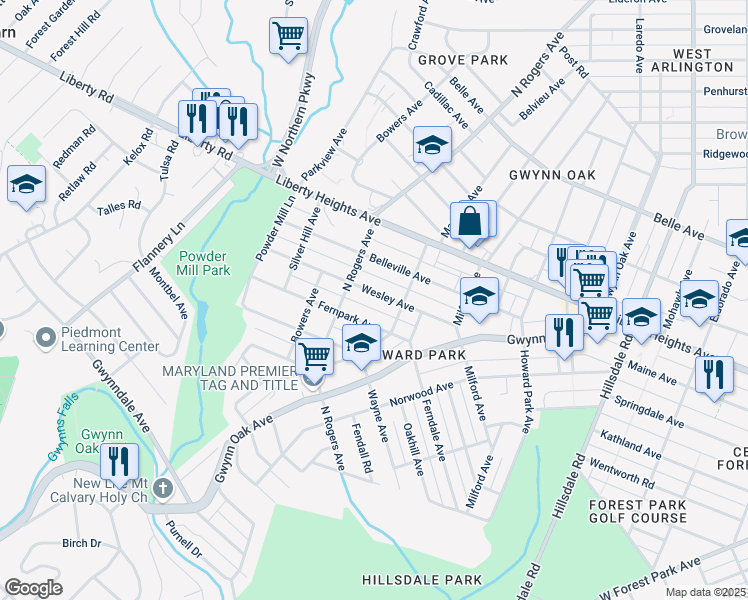 map of restaurants, bars, coffee shops, grocery stores, and more near 5315 Wesley Avenue in Baltimore