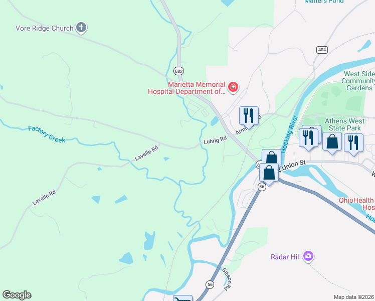 map of restaurants, bars, coffee shops, grocery stores, and more near 8384 Luhrig Road in Athens