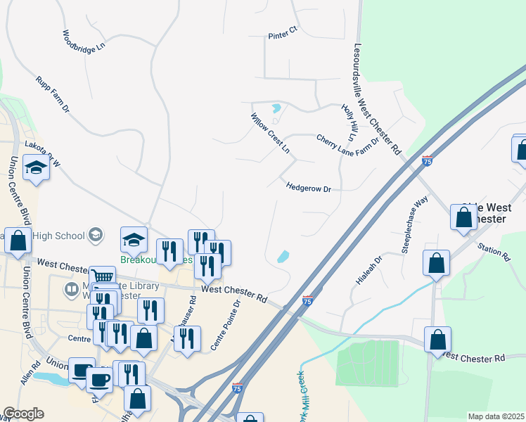 map of restaurants, bars, coffee shops, grocery stores, and more near 8859 Eagleview Drive in Beckett Ridge
