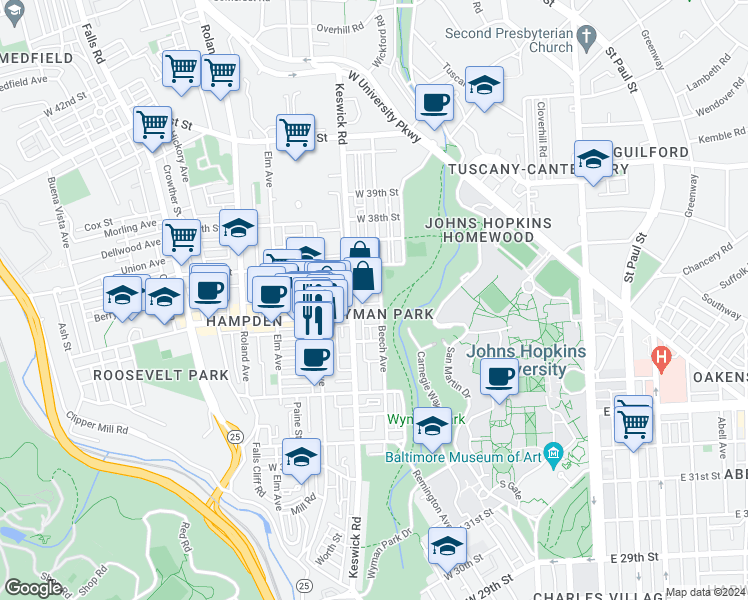 map of restaurants, bars, coffee shops, grocery stores, and more near 3626 Beech Avenue in Baltimore