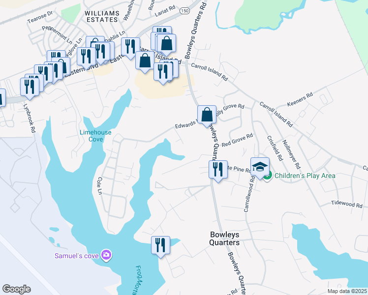 map of restaurants, bars, coffee shops, grocery stores, and more near 3561 Edwards Lane in Middle River