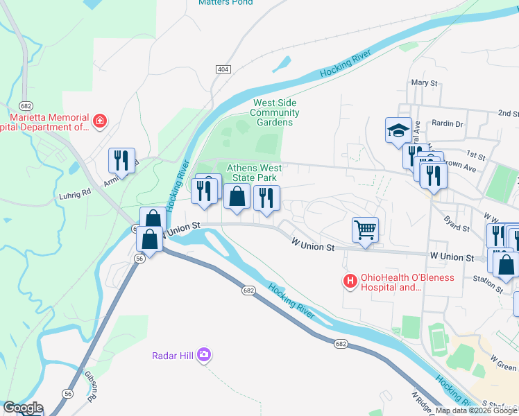 map of restaurants, bars, coffee shops, grocery stores, and more near 23 Blick Avenue in Athens
