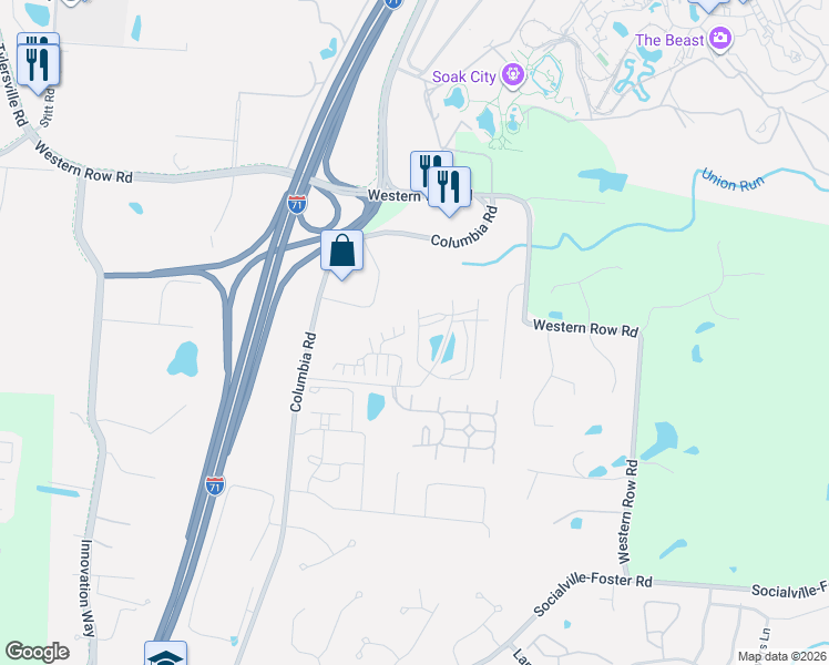 map of restaurants, bars, coffee shops, grocery stores, and more near 7321 Cayman Way in Maineville