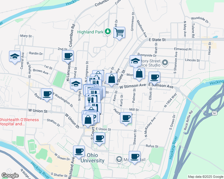 map of restaurants, bars, coffee shops, grocery stores, and more near 57E West State Street in Athens