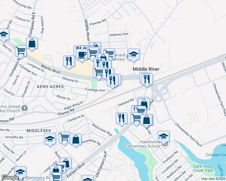 map of restaurants, bars, coffee shops, grocery stores, and more near 2015 Old Orems Rd in Middle River