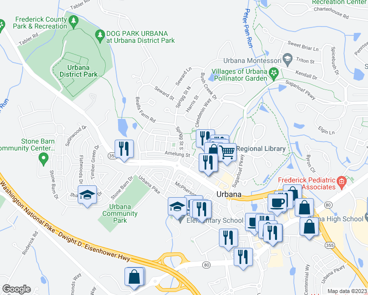 map of restaurants, bars, coffee shops, grocery stores, and more near 3611 Sprigg Street South in Frederick