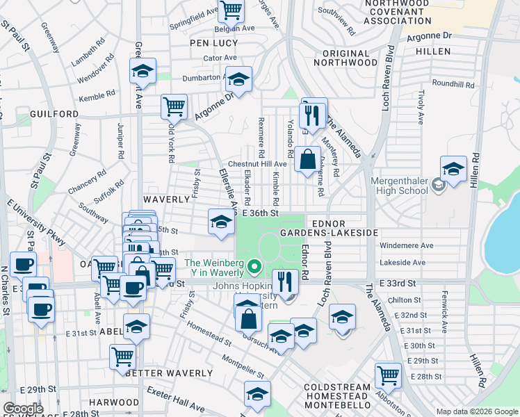 map of restaurants, bars, coffee shops, grocery stores, and more near 1016 East 36th Street in Baltimore