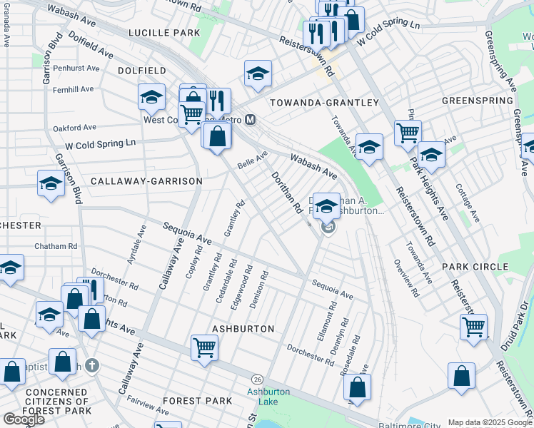 map of restaurants, bars, coffee shops, grocery stores, and more near 3350 Dolfield Avenue in Baltimore