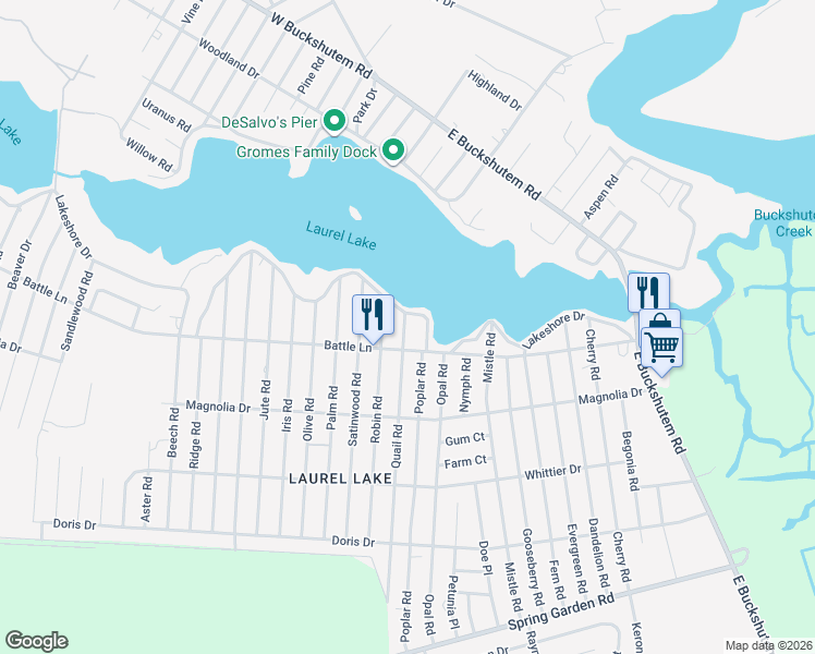 map of restaurants, bars, coffee shops, grocery stores, and more near 6906 Battle Lane in Millville