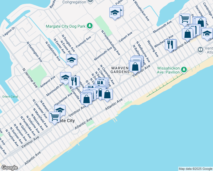 map of restaurants, bars, coffee shops, grocery stores, and more near in Margate City